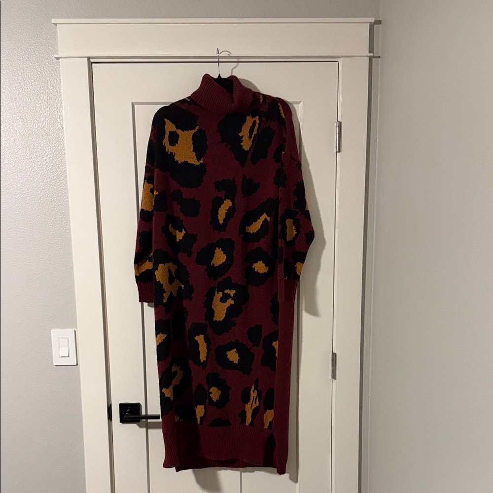 Leopard Print Turtleneck Sweater Dress